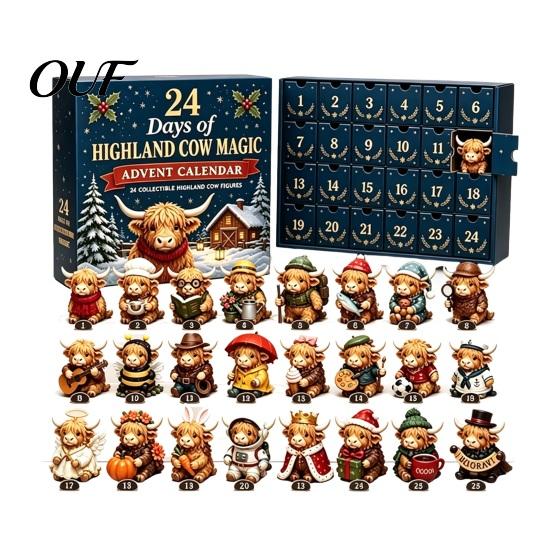 Holiday Countdown Decorations 24 Days of 3D Highland Cow Christmas Advent Calendar, Cute Farm Gift for Boys Girls Cattle Calendar with Mini Figurines