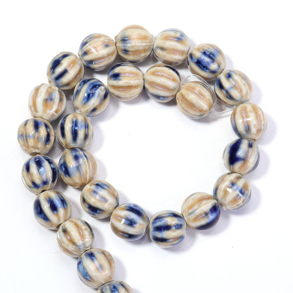 28pcs/string Pumpkin Shape Stripe Ceramics Beads Colorful Floral Glaze Porcelain Beads For DIY Charms Neckalce Bracelet Jewelry