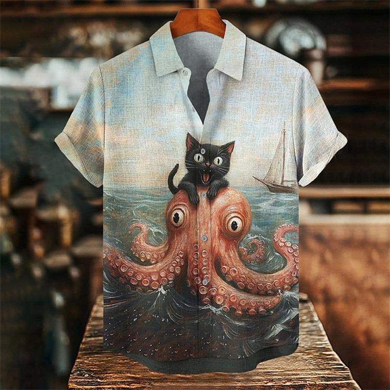 Men's Linen Short Sleeve Shirt Floral Printed Bird Butterfly Chinese Style Men's Fashion Clothing Flap Collar Shirt