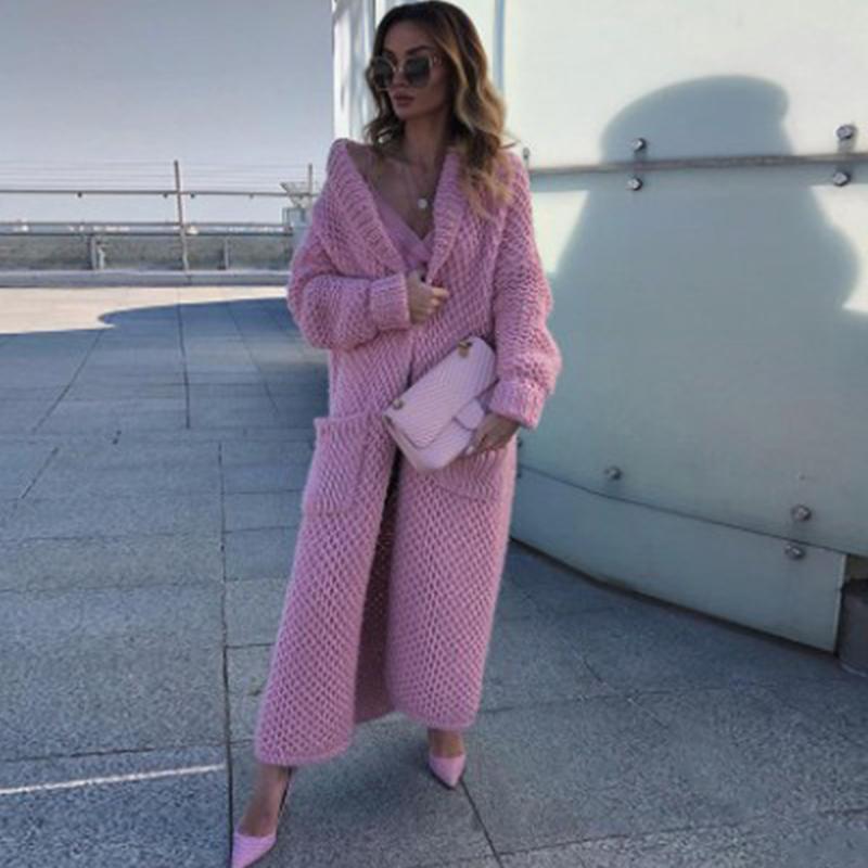 Зимний воротник вязаный кардиган коллаж однотонный длинный женский вязаный свитер большого размера