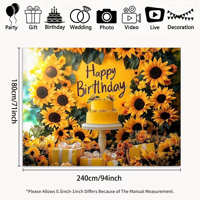 2D Flat Printing Party Backdrop Cheerful Sunflower Birthday Scene with Greenery
