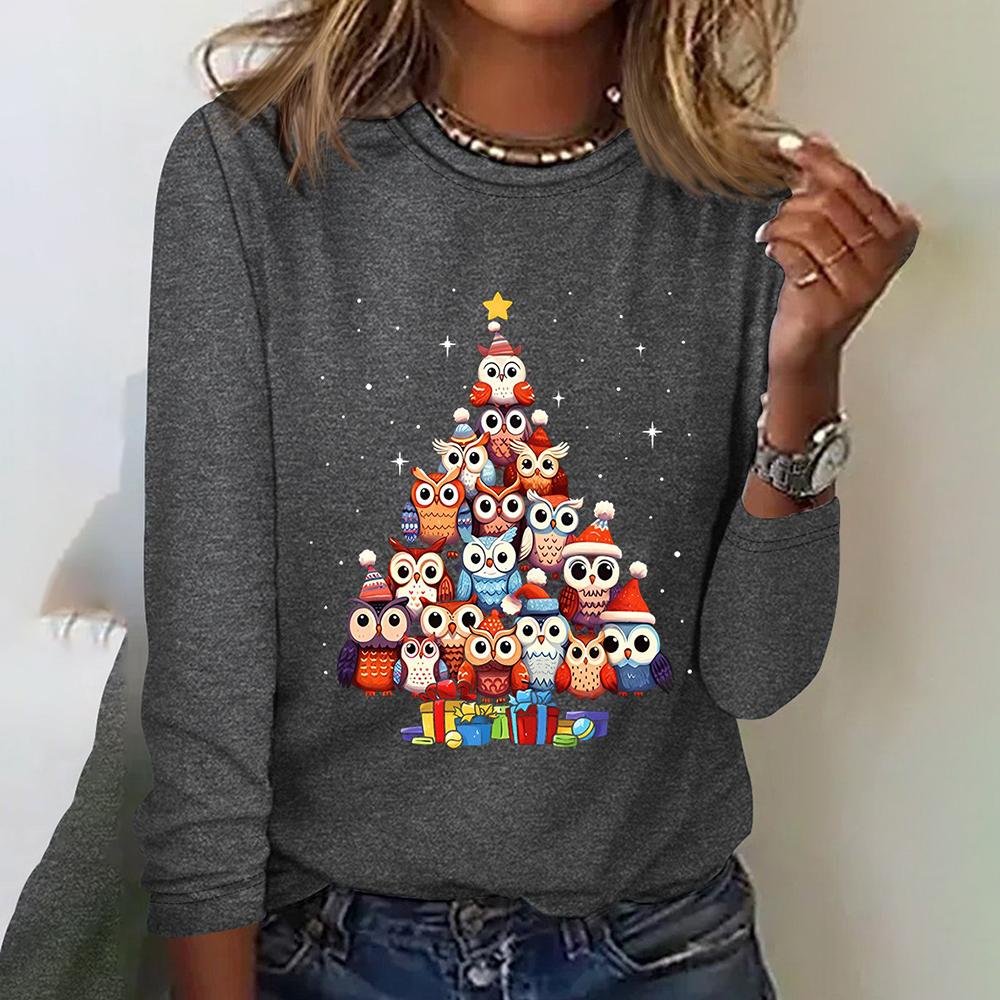 Рождественские совы с милым рисунком Женские футболки Рождественская мода Свободная футболка с длинными рукавами Осенняя хлопковая женская одежда
