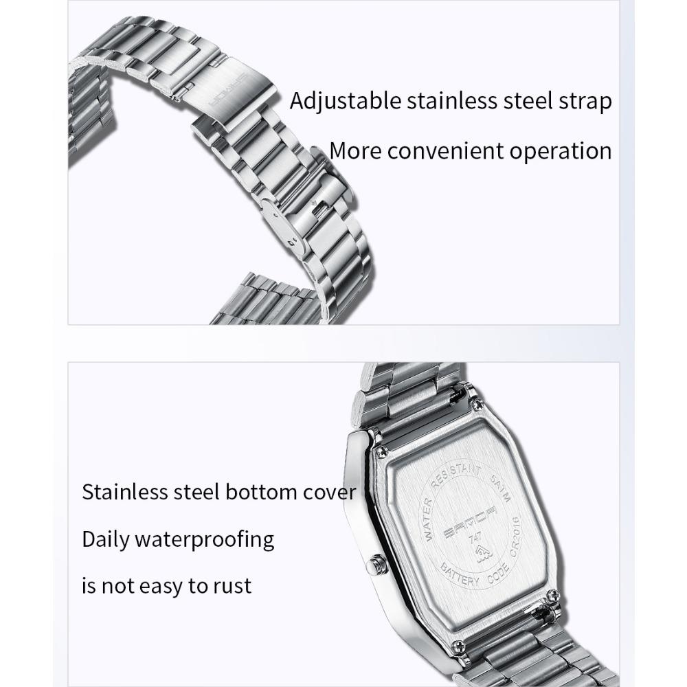 Unisex Analog Digital Quartz Wristwatch Square Case Waterproof Stainless Steel Bracelet Watch