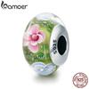 BAMOER Весенняя коллекция Бусины из стерлингового серебра 925 пробы с цветком и лепестком, зеленые бусины из муранского стекла