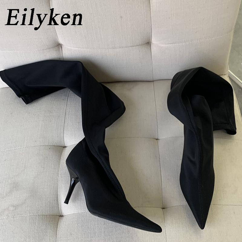 Модные Eilyken Новые Сексуальные Низкие Тонкие Каблуки Женские Сапоги Выше Колена Модные Заостренный Носок Туфли для Стрип-Танца Высокие До Бедра Длинные Ботильоны