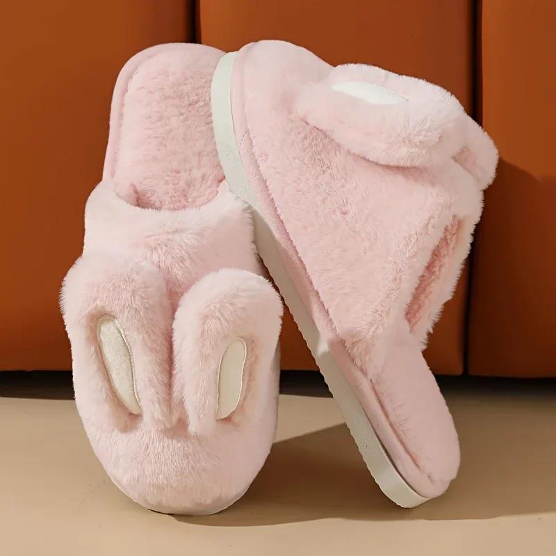Fashion Women Cotton Slippers 2025 Winter Plush Cute Rabbit Comfortable Anti Slip Home Indoor Floor Warm Cartoon Slippers Mujer