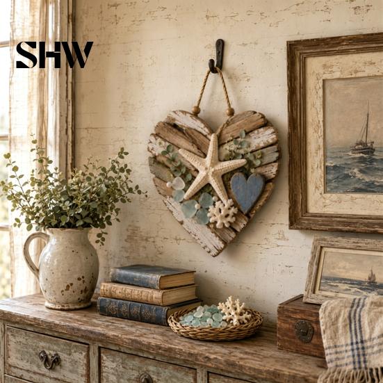 Farmhouse Office Wall Decorations Rustic Coastal Heart Shape Hanging Ornament with LED Light, Distressed Pendant Thanksgiving Front Door Decoration
