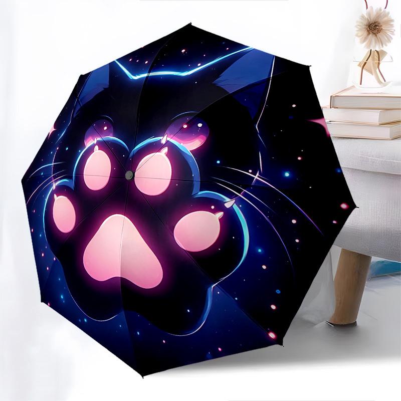 Neon Cat,Paw Print Automatic Folding Umbrella Compact 8 rib Design,Unique Style,Suitable for Everyday Outdoor Use,Perfect Gift for Fri