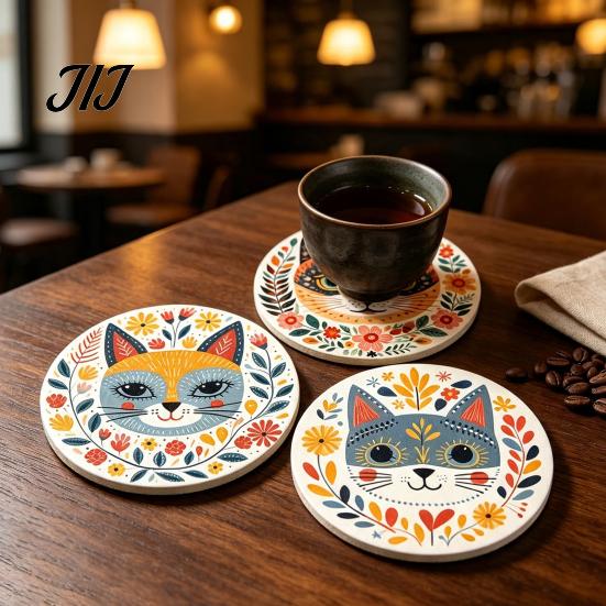 Heat Insulation Mats for Coffee Cups 6 Pcs Cute Cat Coasters, Thick Heat-Resistant Wood Coaster Tabletop Protection, Wooden Drink Coasters Table