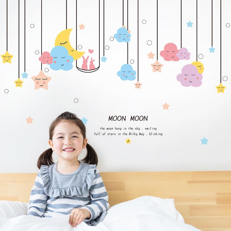 Мультяшные наклейки на стену с луной, облаками и звездами для декора детской комнаты, детской, гостиной, спальни, фон, виниловые наклейки