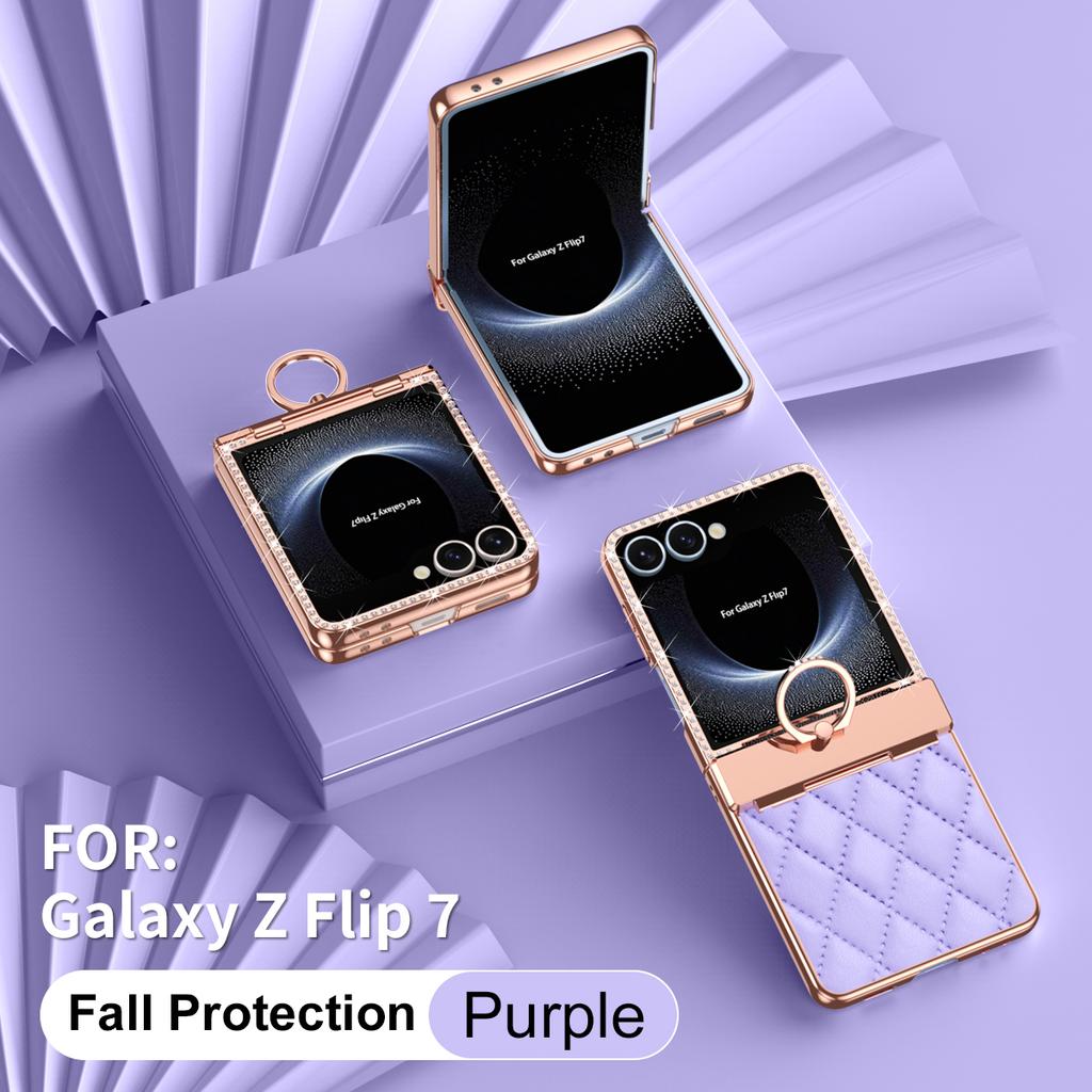 Для Samsung Galaxy Z Flip 7 Гальванизированный Кожаная Текстура Блестящий Алмаз с Кольцом-Подвеской Защита от Отпечатков Пальцев Чехол для Телефона