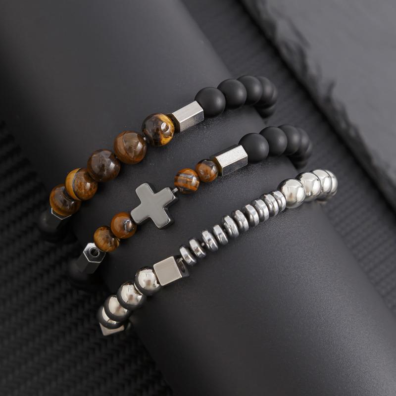 Винтажный многослойный браслет из бисера для мужчин, модные браслеты в стиле хип-хоп, тигровый глаз CCB, титановые стальные браслеты с крестообразными бусинами, аксессуары для мужчин