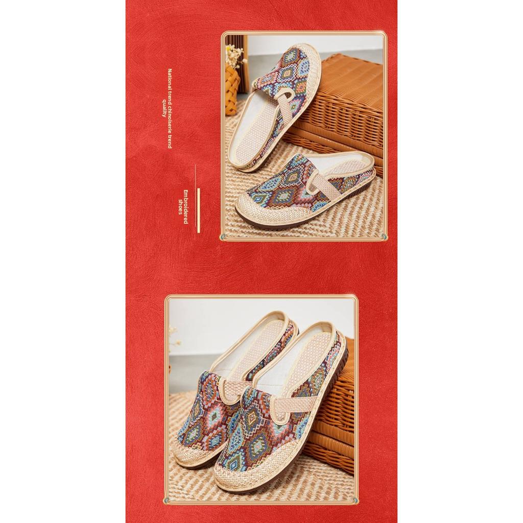 Women's Ethnic Style Half Slippers with Cloth Shoes and Linen Toe Caps, Women's Soft Soled Casual Single Shoes