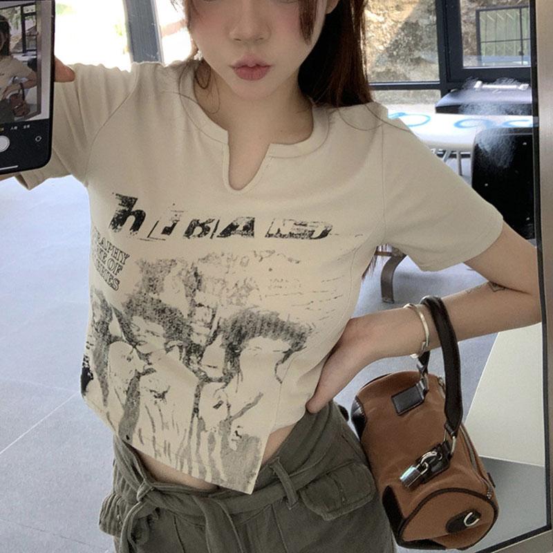 Women Summer Casual Short Sleeve O Neck Printed Bare Midriff T Shirt Crop Top