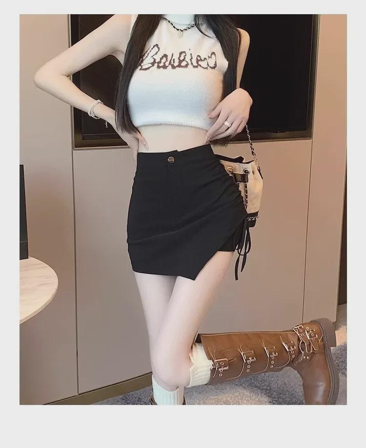 Женская летняя юбка А-силуэта 2024 года черного цвета: Модная юбка в корейском стиле с завязками на бедрах