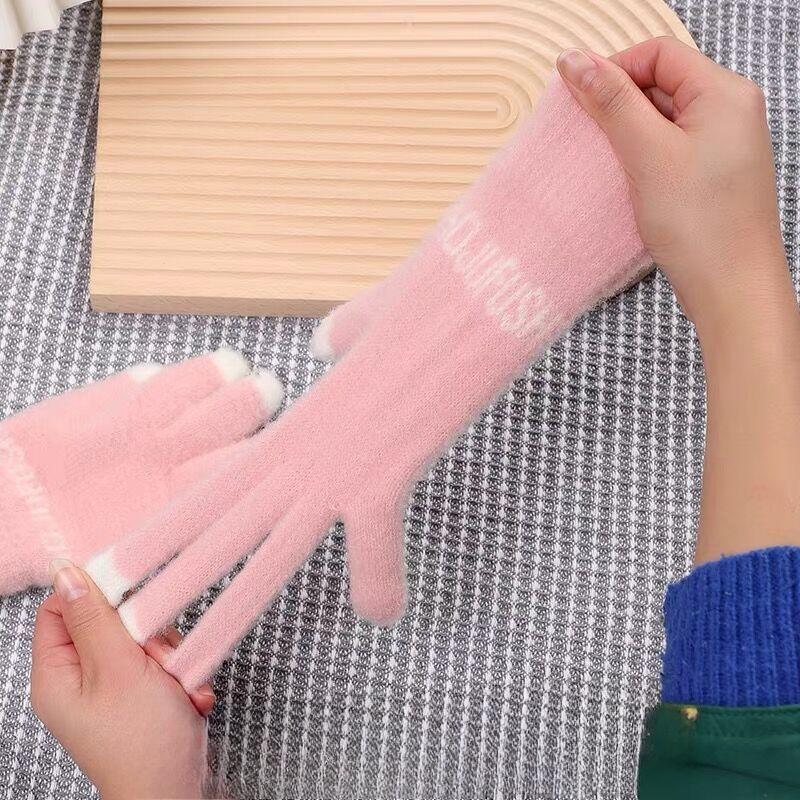 Вязаные Шерстяные Теплые Перчатки для Зимы Женские Мультяшные Милые Утолщенные Студенческие Для Письма Защита от Холода Пять Пальцев Открытые Пальцы Для Сенсорного Экрана