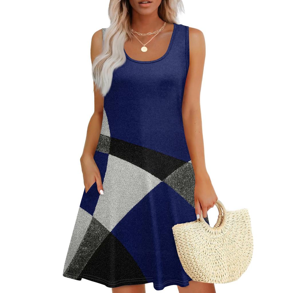 Женское летнее повседневное платье с квадратным вырезом и принтом в стиле пэчворк, платье без рукавов с карманами