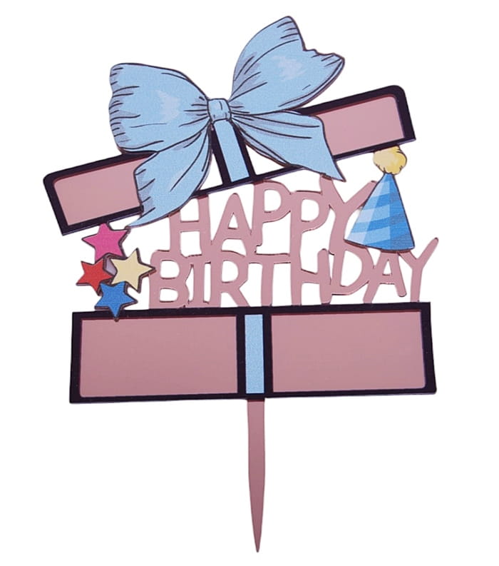 Topper Akrylowy Happy Birthday Różowe Złoto Niebieska Kokarda