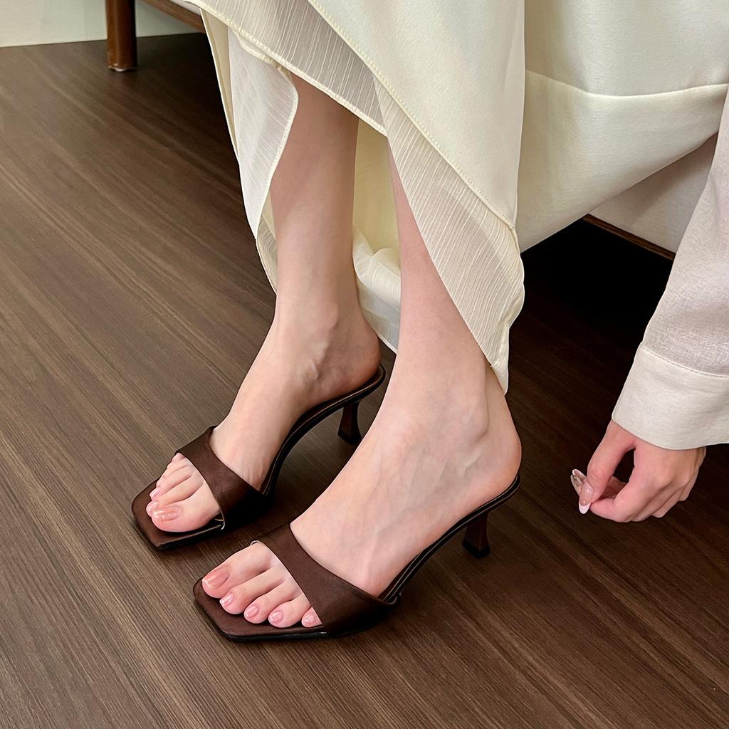 White Moonlight! Satin Word with High Heels Cool Slippers Women's Summer New Stiletto Muller Shoes