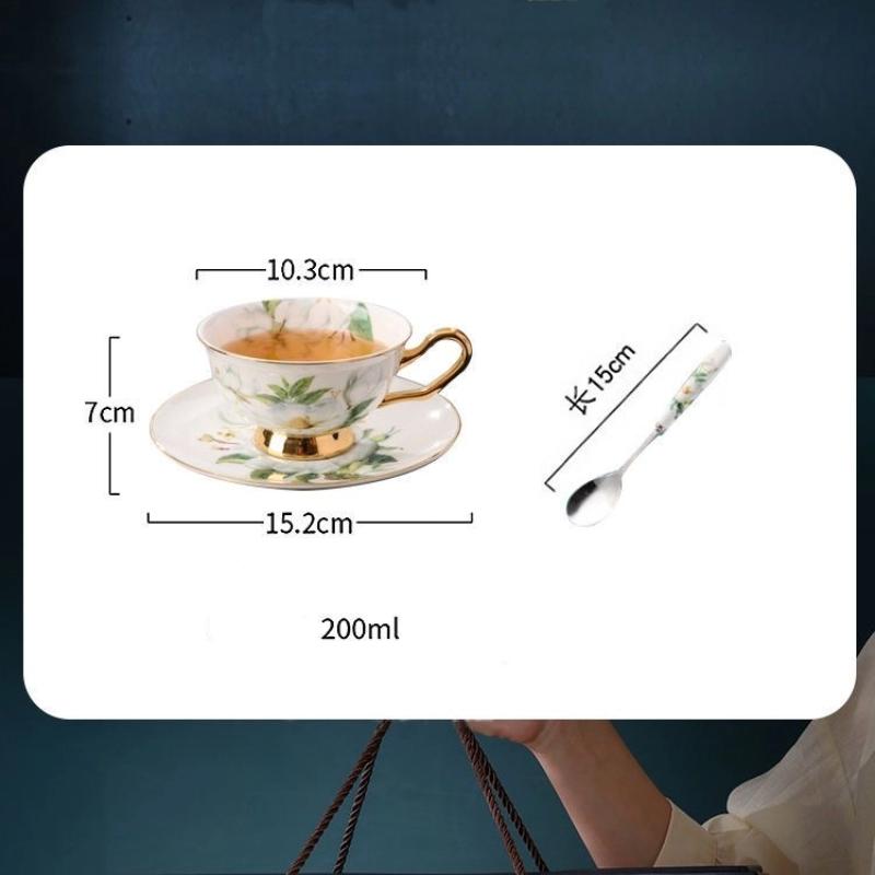 British Style Bone China Tea Cup and Saucer Set – Floral Ceramic Coffee Cup with Golden Rim and Spoon