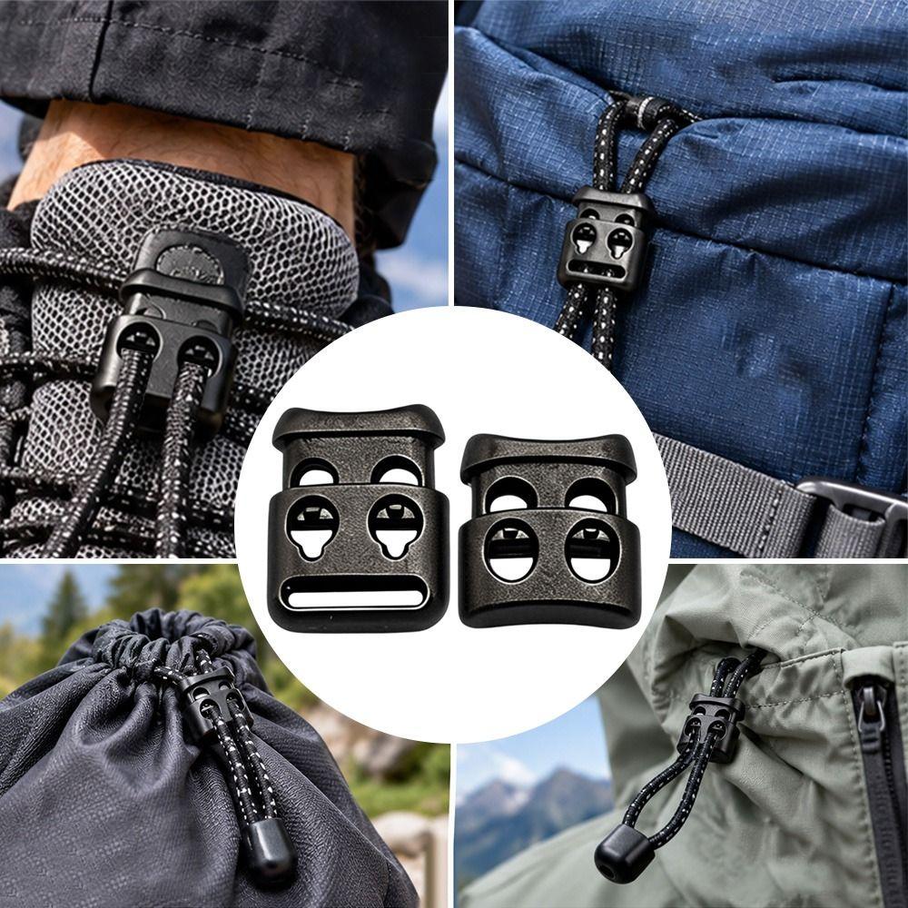 10pcs Black Elastic Lace Shoes Buckle Double Hole Square Spring Buckle for Lanyard Chest Tag
