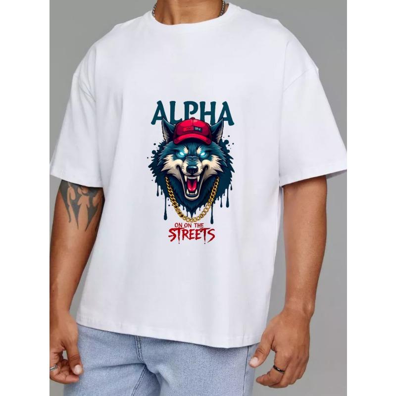 Футболка в уличном стиле Alpha Wolf Белый волк в красной кепке и с золотой цепью Графический принт для повседневной носки