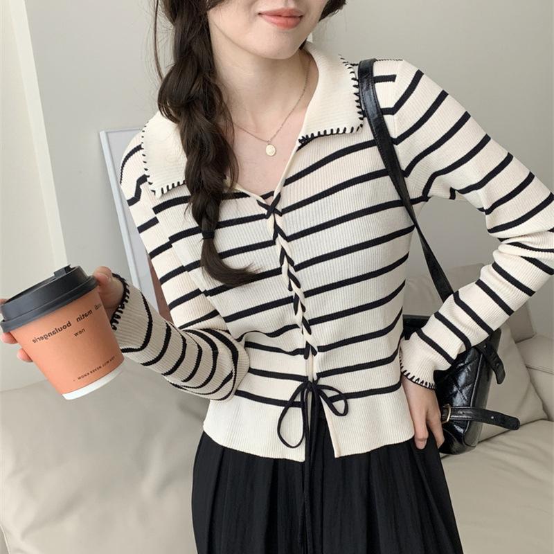 Autumn and winter Korean bright line polo lapel knitted top women's unique foreign style beautiful strap sweater bottoming shirt women
