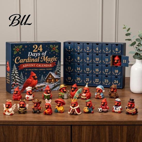 PVC Action Figures Red Bird Christmas Advent Calendar, 24 Unique Miniature Calendar for Collectors Figurines, Tree Hanging Ornaments Holiday
