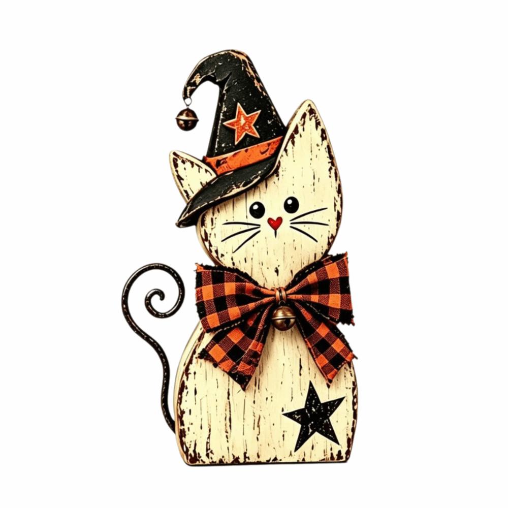 Rustic Witch Cat Decor Double Side Desktop Decoration Wooden Halloween Figurine Indoor Decor