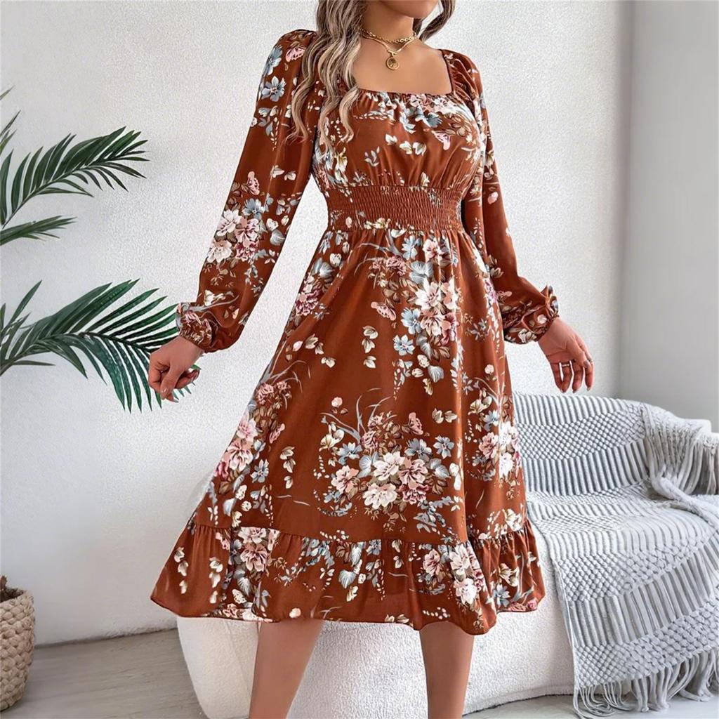 Женская модная юбка А-силуэта с цветочным принтом, квадратным вырезом и длинными рукавами