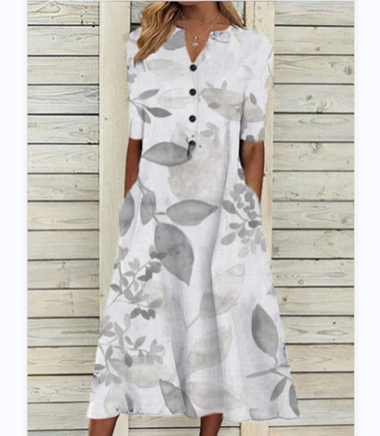 Повседневное платье с V-образным вырезом, рукавами средней длины, цветочным принтом, карманами, застежкой на пуговицы спереди, свободного кроя - Белый/Светло-голубой/Розовый