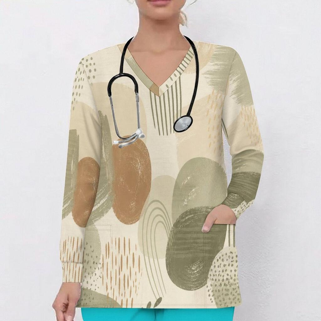 Women Plus Size Multicolor Printed V Neck Long Sleeve Scrub Top With Front Pockets