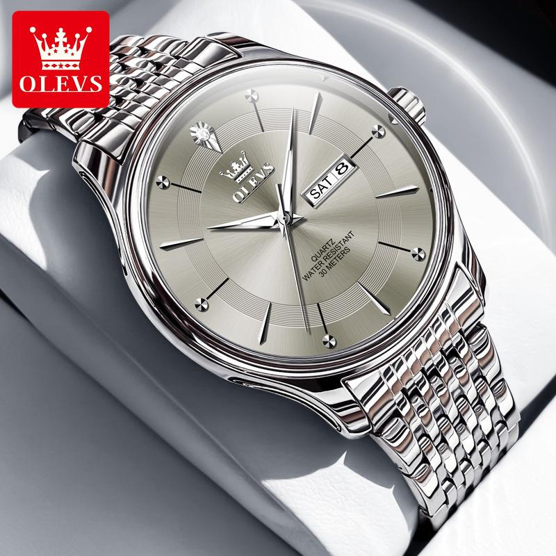 Мужские водонепроницаемые светящиеся кварцевые часы из нержавеющей стали с двойным календарем, простые деловые модные часы с большим циферблатом