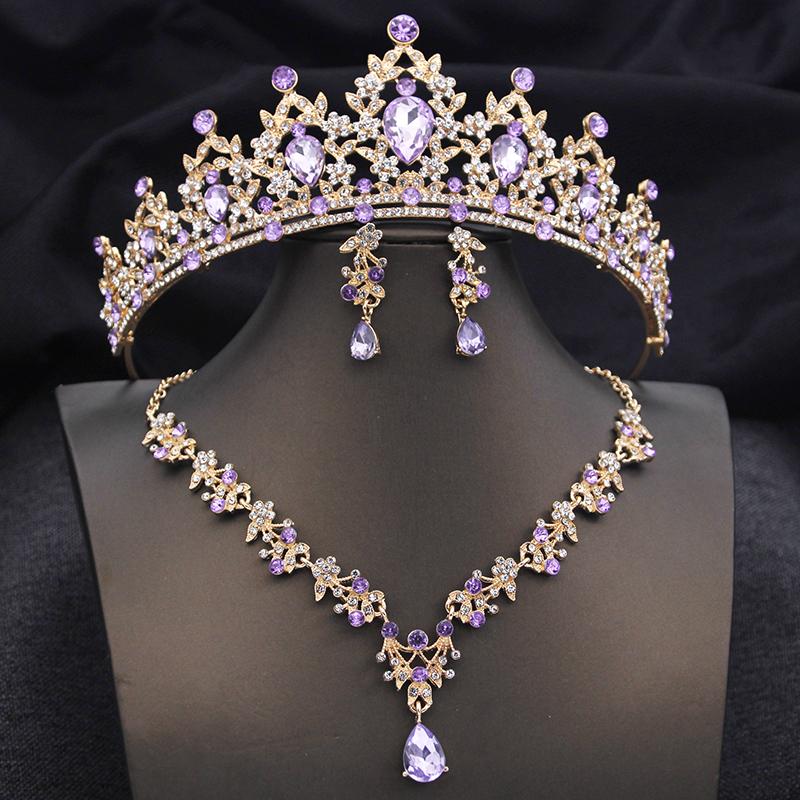 Opal Blue Tiaras Sets Bridal Jewelry Set for Princess Wedding Crown and Necklace Earring Prom Birthday Dress Costume Accessories