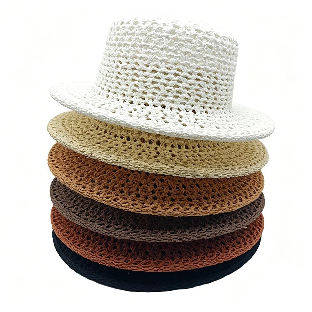 2026 New Hollow Flat Top Straw Hat Summer Breathable Sunscreen Hat Women's Outdoor UV Protection