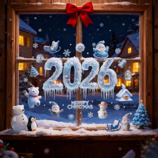 2026 Christmas Window Clings Blue Snowflake Ice Double-Sided Window Stickers PVC Decal for New Year Eve Glass Mirror Decor