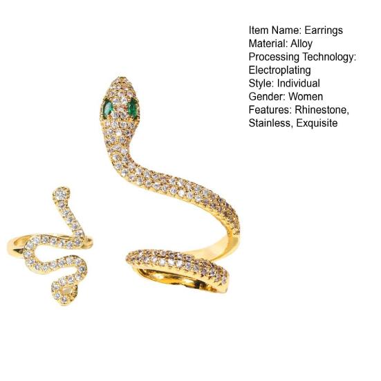 2 шт. 3D серьги-гвоздики в форме змеи, крутые индивидуальные блестящие стразы, винтажные легкие роскошные серьги-каффы, украшения для ушей, ювелирные изделия с животными