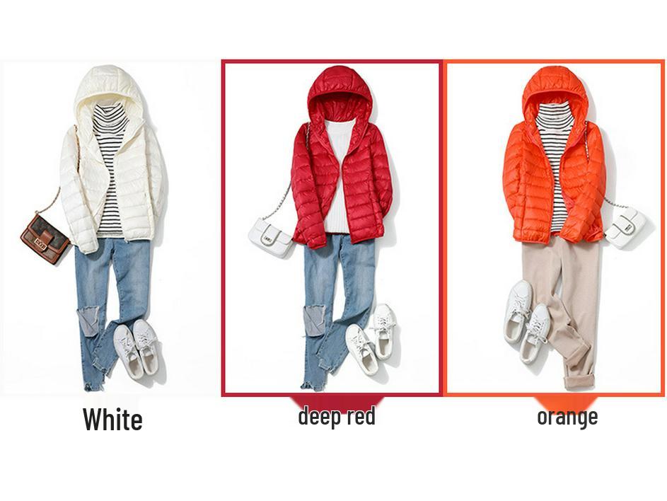 2023 Women's Lightweight Hooded Down Jacket - Slim Fit, Plus Sizes, Autumn/Winter, White Duck Down.