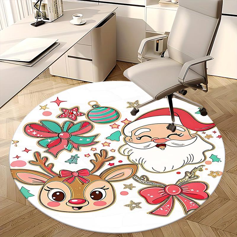 1pc Christmas Santa Claus & Reindeer Round Carpet Anime Cartoon Design, Holiday Gift, NonSlip Rug for Office Chair Mat, Home Decor, Living Room