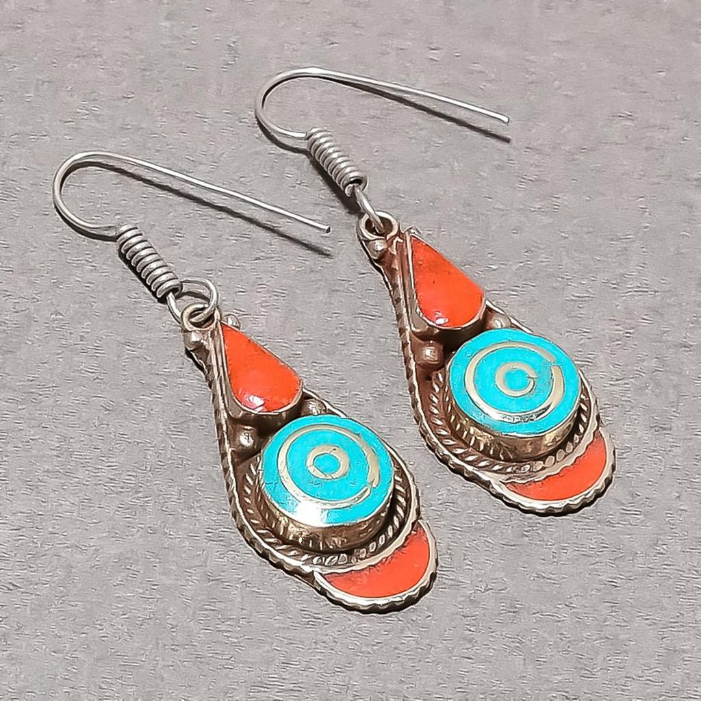 Turquoise Red Coral Gemstone Earrings Tibetan Tribal Nepali Jewelry 2.3" NE 5447