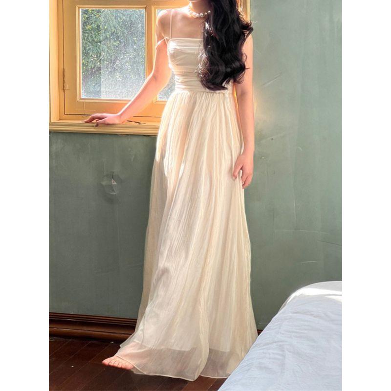 Solid Color Pleated Waist Strap Long Skirt Pure Color Pleated Waist Tight Suspender Skirt