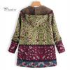 Women Winter Coat Retro Floral Print Hooded Thick Plush Zip-up Heat Retention Long Sleeves Mid Length Pockets Leisure Daily Wear Jacket