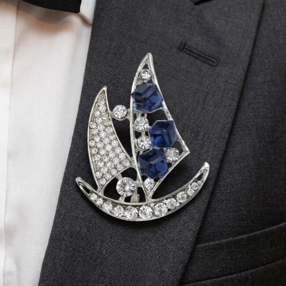 Zinc Zinc Alloy Rhinestone Sailboat Brooch Crystal Suit Lapel Pin Delicate Men Brooch Ceremony Banquet