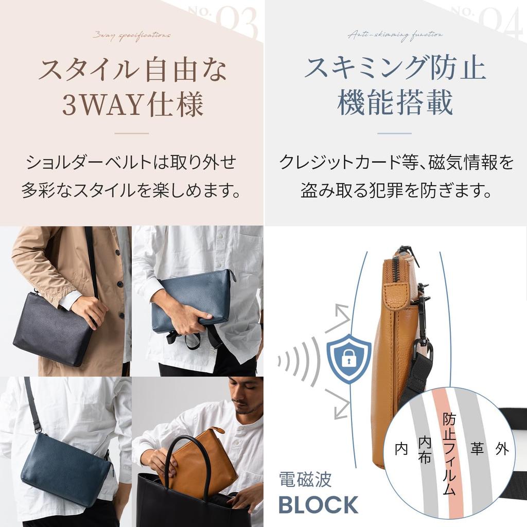 MURA Genuine Leather Sacoche Shoulder Black Men's Bag, Skimming-Proof, Slim,