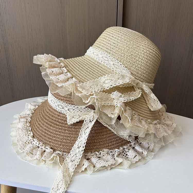 Ladies' Straw Hat Summer Lace Ribbon Sun Hat Sweet and Fashionable Beach Hat Summer Sun Protection Big Brimmed Cool Hat