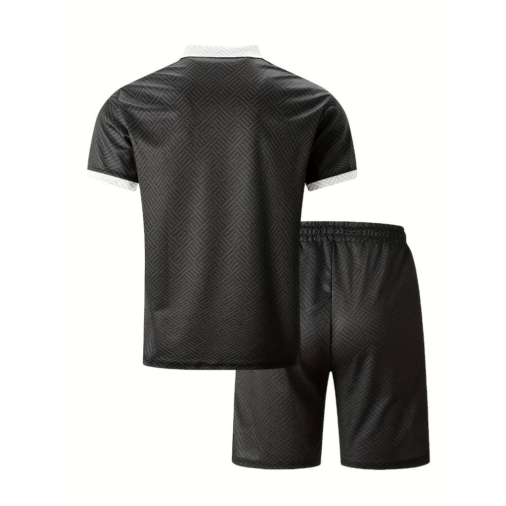 Мужской повседневный костюм с тропическим принтом - черная рубашка с коротким рукавом на молнии и белые шорты с карманами, полиэстер, машинная стирка