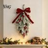 Indoor Outdoor Festive Wreath Flocked Christmas Teardrop Swag for Front Door, Artificial Pine with Red Decorations Shop Berries Velvet Bow,