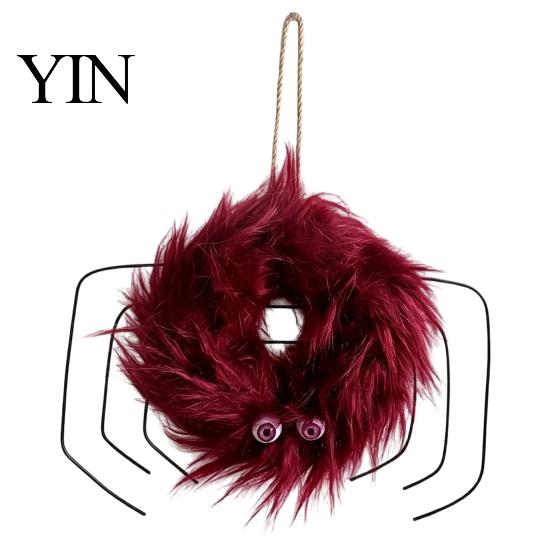 Halloween Wall Hanging Ornaments Fluffy Wreath for Front Door, Cute Furry Spider Fall Home Decor Wreaths with Pom Poms Party Fireplace Decorative