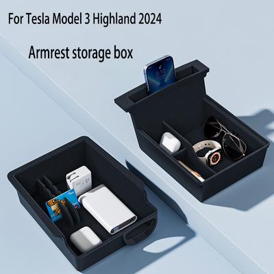 Для Tesla Model 3 Highland 2024 скрытый ящик для хранения вещей, центральная консоль автомобиля, подлокотник спереди и сзади, флокированная многослойная сетка, организованная