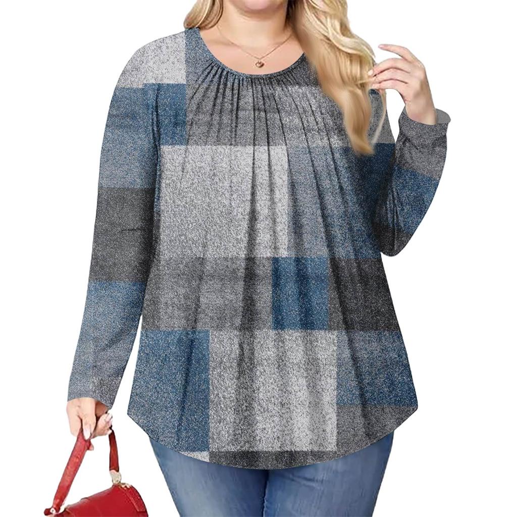 Женский модный топ большого размера с принтом, повседневный плиссированный, с круглым вырезом и длинными рукавами